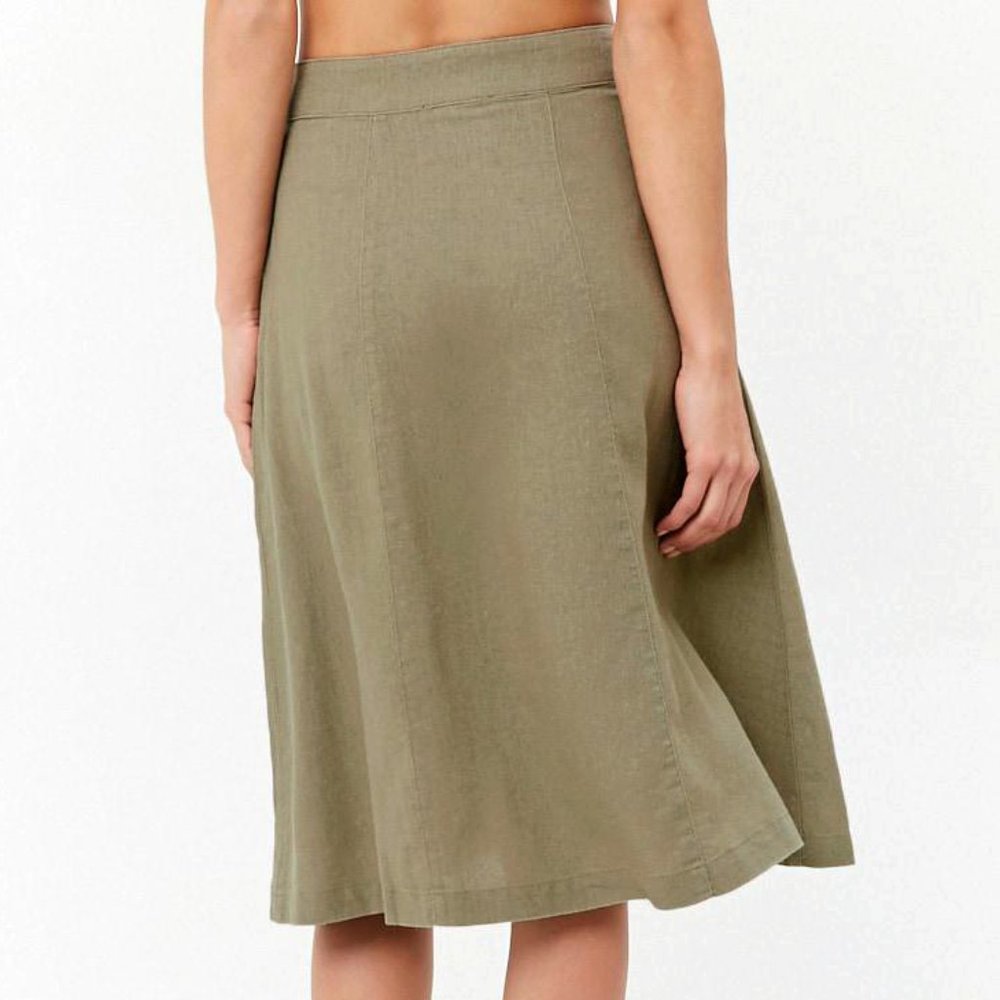 Light Olive Sage Linen Pleated A Line Midi Skirt - Picture 7 of 8